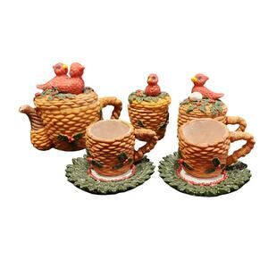 Vintage Bird Tea Set Spring Birds Nest Red Detailed 10 Pieces Miniature Tea Set